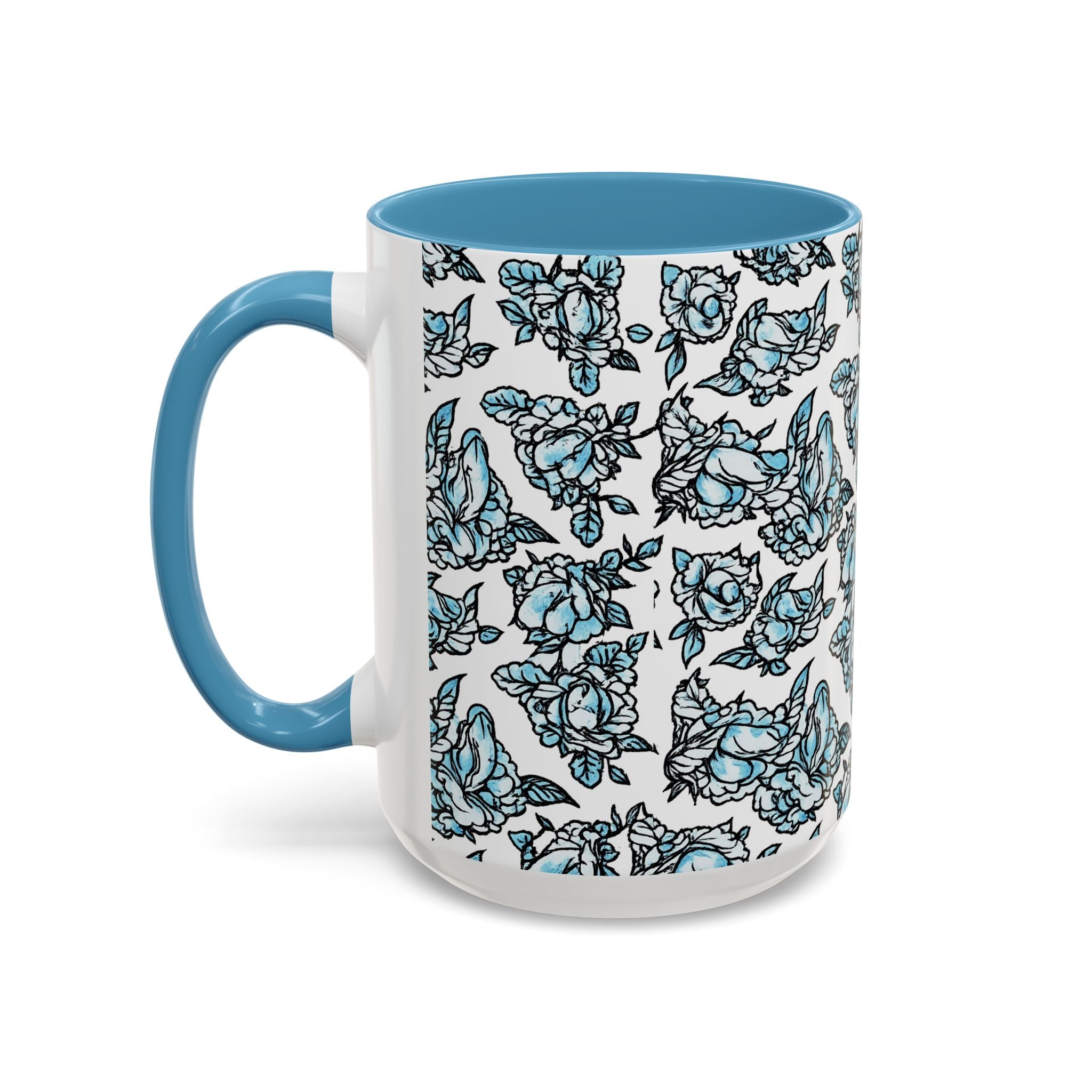 Blue Pen 15 Floral Accent Coffee Mug (11/15oz) — Patterned Rose Tea Cup with Black Handle