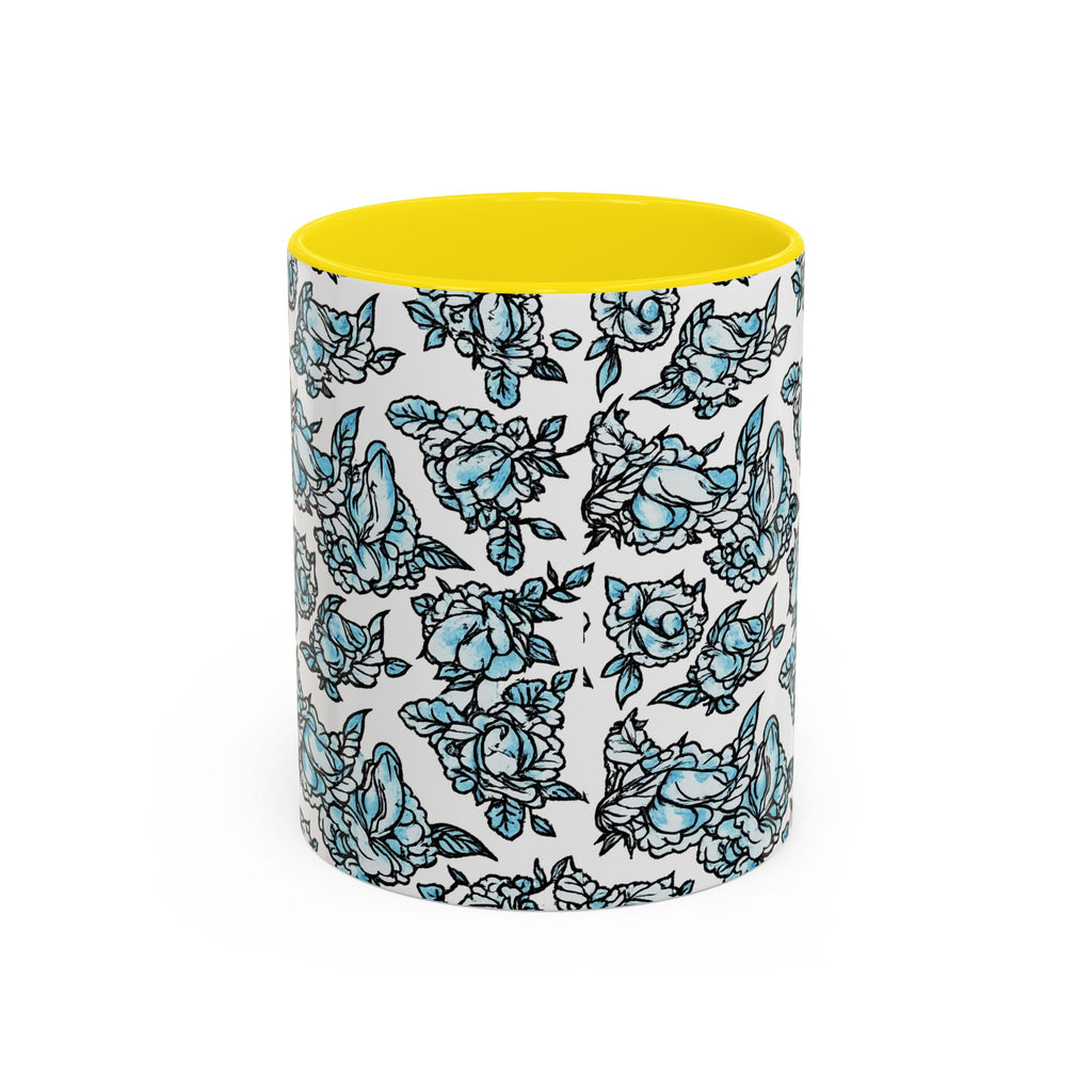 Blue Pen 15 Floral Accent Coffee Mug (11/15oz) — Patterned Rose Tea Cup with Black Handle