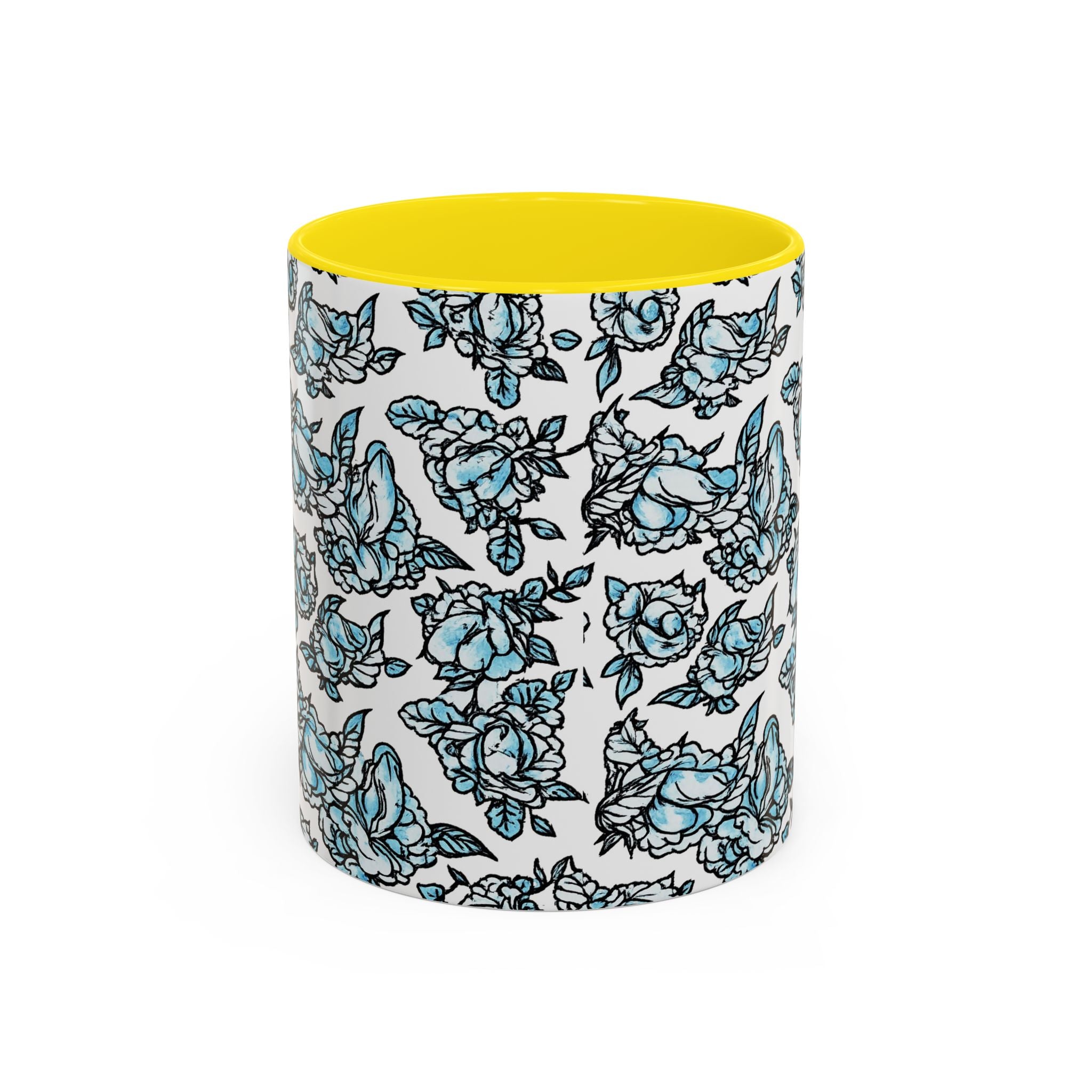 Blue Pen 15 Floral Accent Coffee Mug (11/15oz) — Patterned Rose Tea Cup with Black Handle
