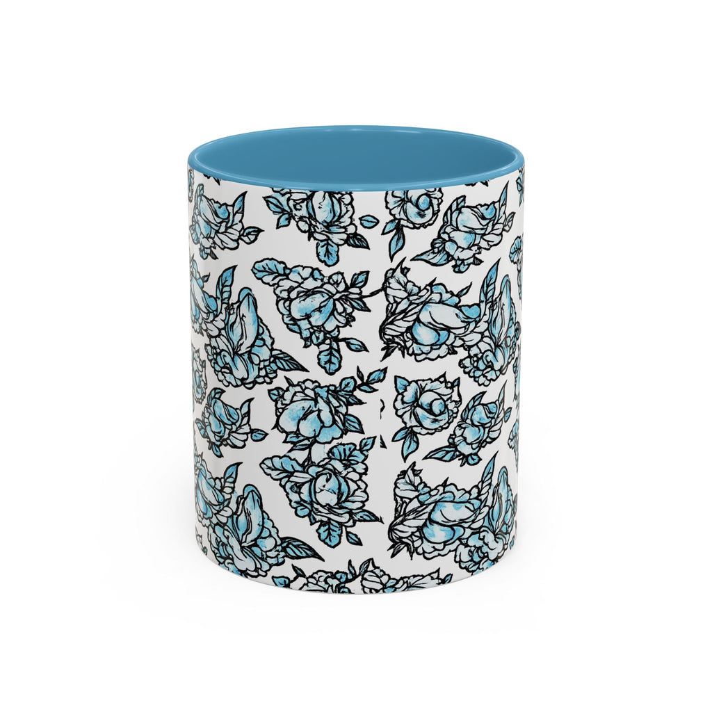 Blue Pen 15 Floral Accent Coffee Mug (11/15oz) — Patterned Rose Tea Cup with Black Handle