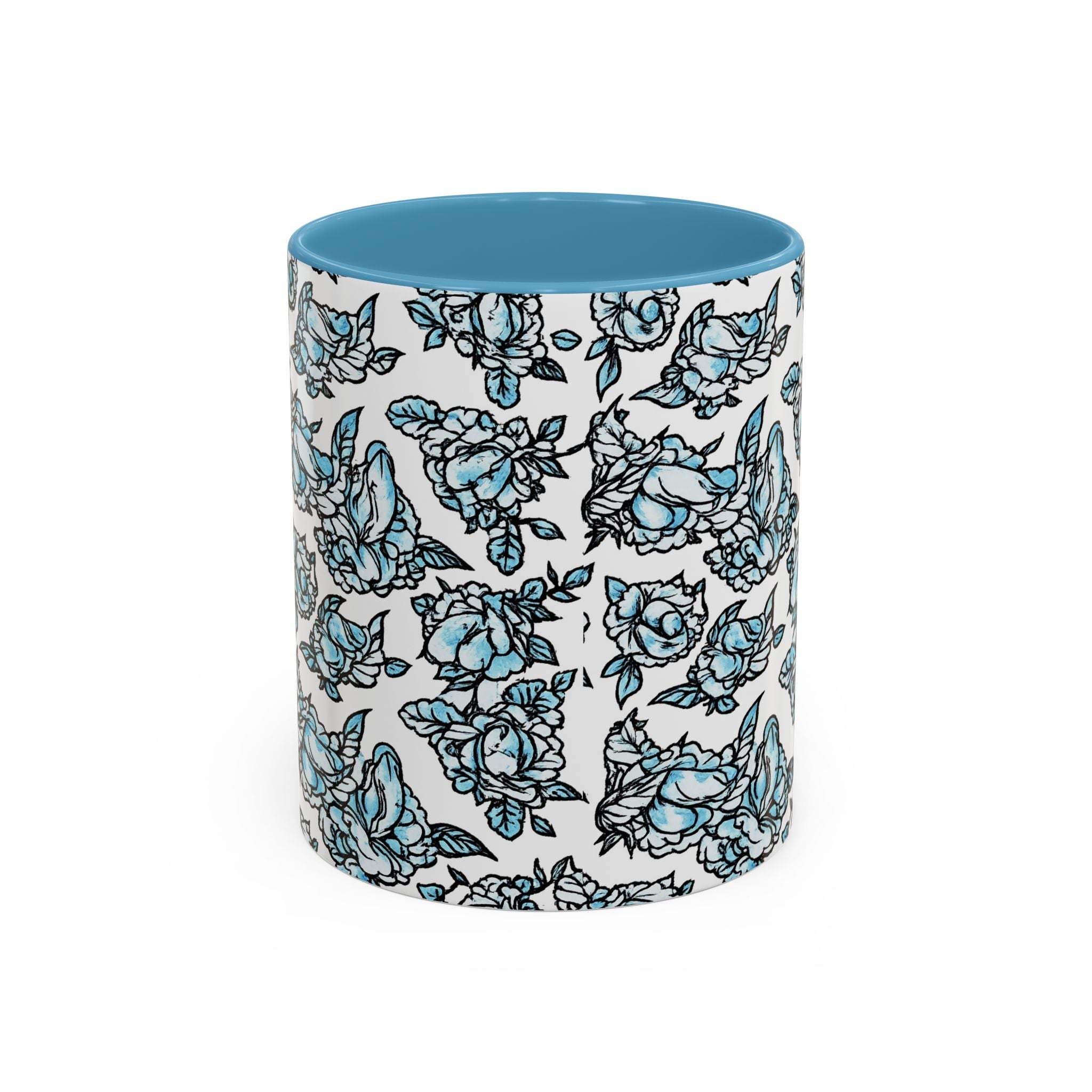 Blue Pen 15 Floral Accent Coffee Mug (11/15oz) — Patterned Rose Tea Cup with Black Handle