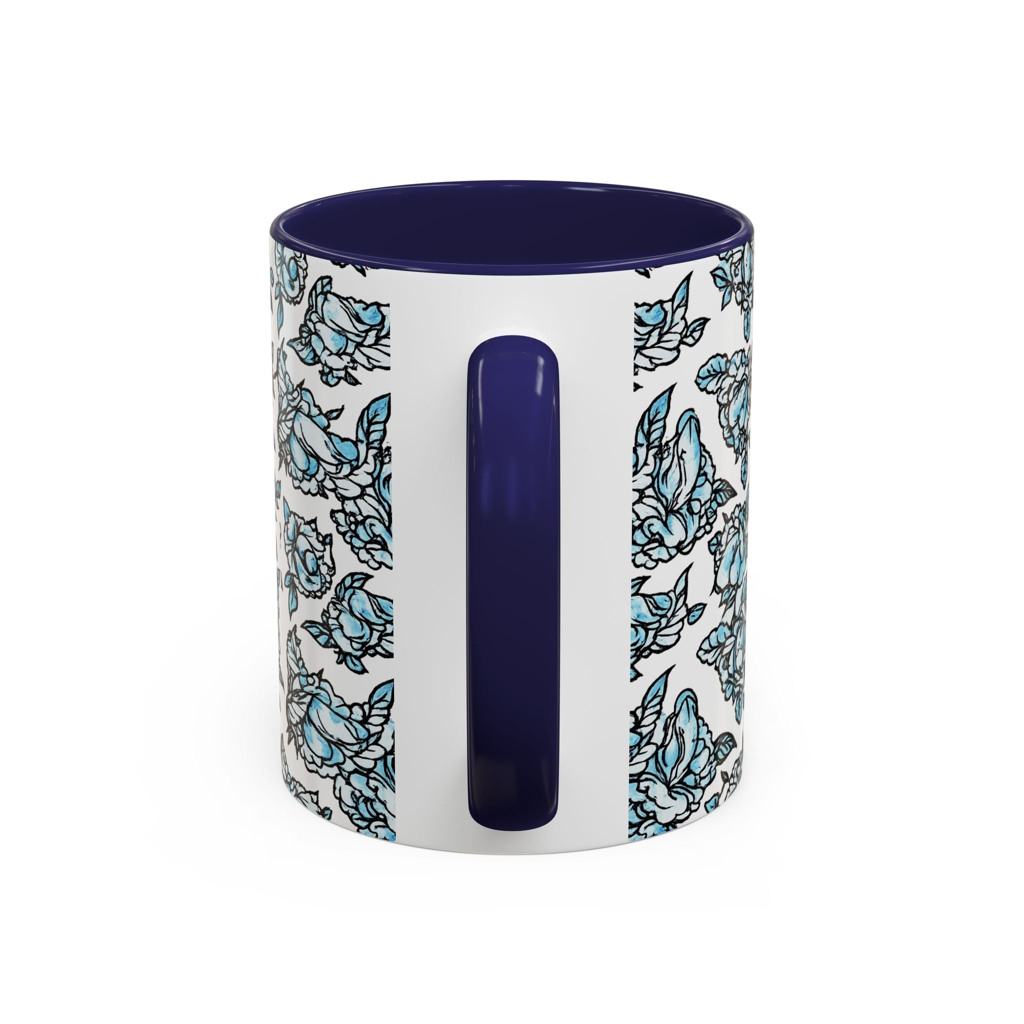 Blue Pen 15 Floral Accent Coffee Mug (11/15oz) — Patterned Rose Tea Cup with Black Handle