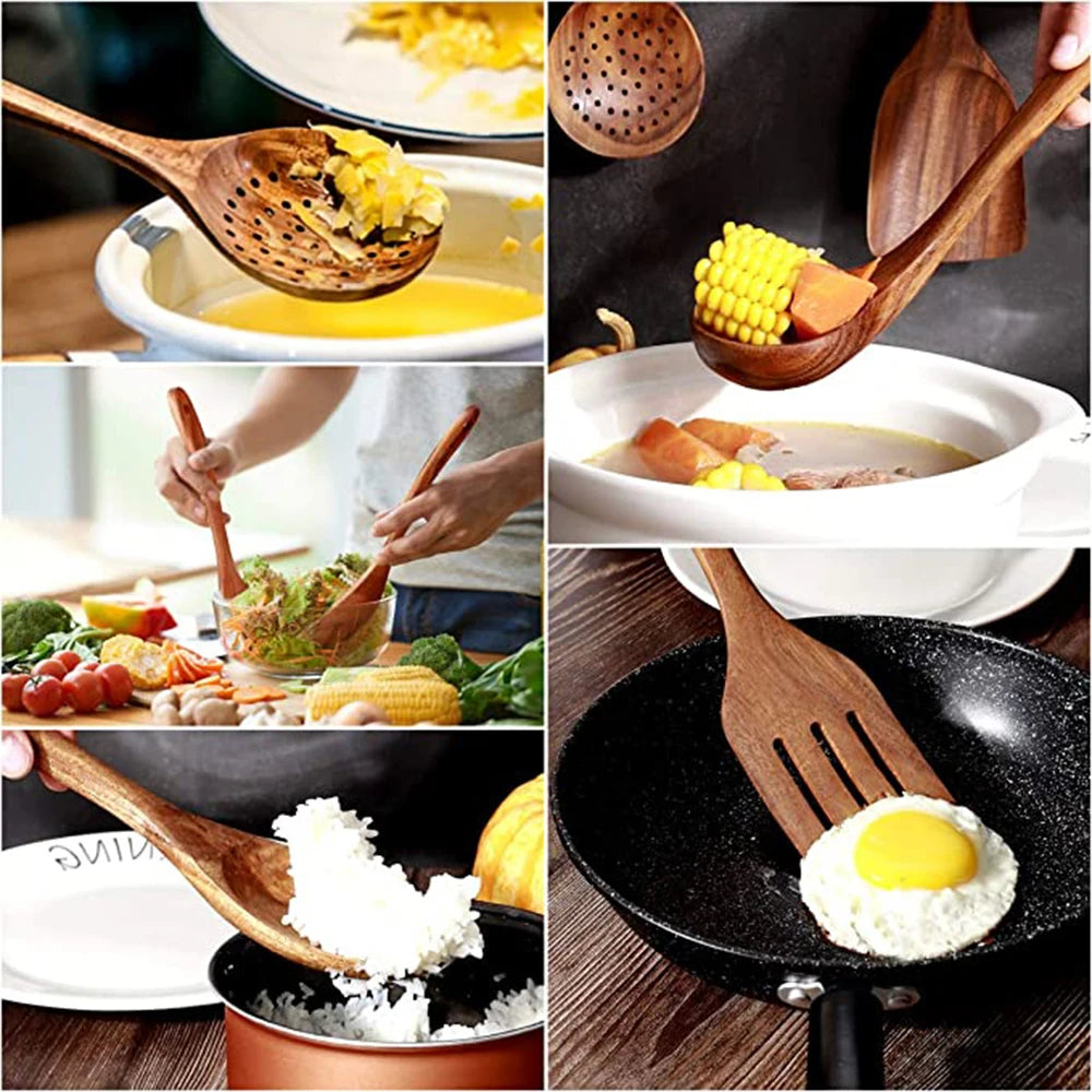 1-9Pcs/set Wooden Kitchen Utensils Set,  Wooden Spoons for Cooking, Utensils,Natural Teak Wooden Spoons For Non-stick Pan Gift