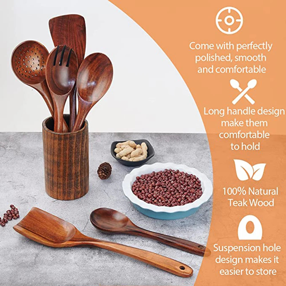 1-9Pcs/set Wooden Kitchen Utensils Set,  Wooden Spoons for Cooking, Utensils,Natural Teak Wooden Spoons For Non-stick Pan Gift