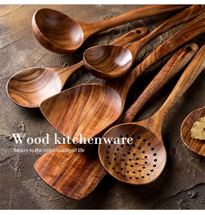 1-9Pcs/set Wooden Kitchen Utensils Set,  Wooden Spoons for Cooking, Utensils,Natural Teak Wooden Spoons For Non-stick Pan Gift