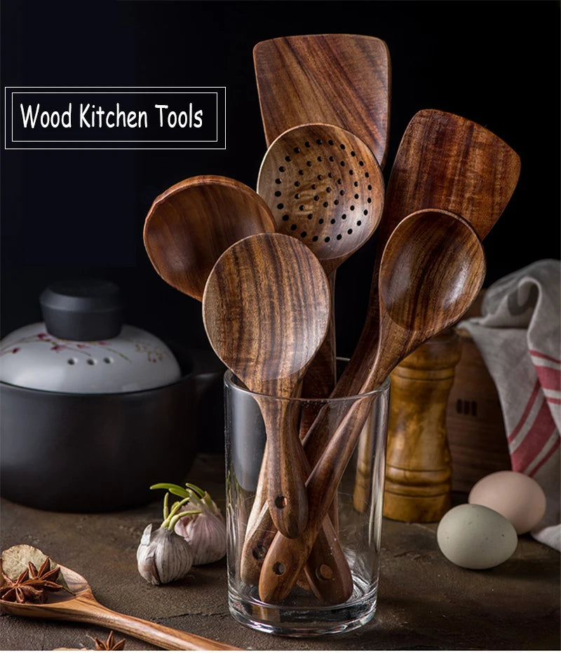 1-9Pcs/set Wooden Kitchen Utensils Set,  Wooden Spoons for Cooking, Utensils,Natural Teak Wooden Spoons For Non-stick Pan Gift