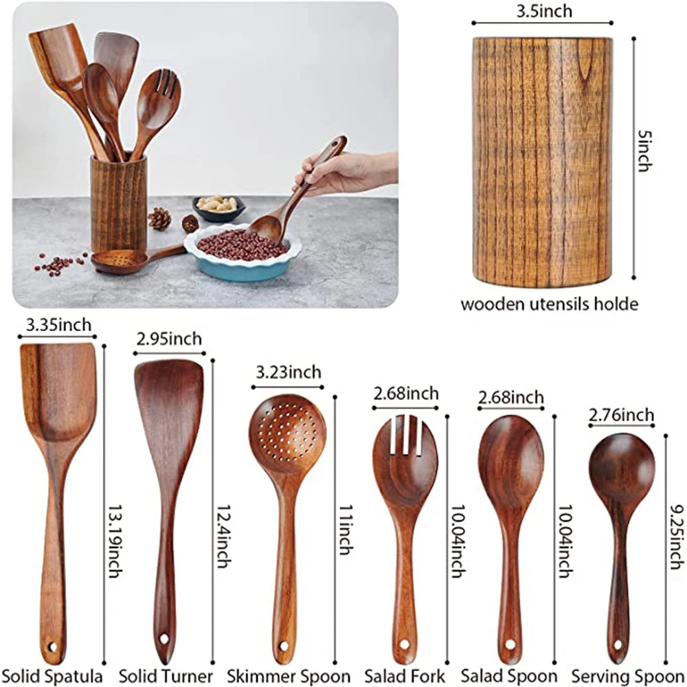 1-9Pcs/set Wooden Kitchen Utensils Set,  Wooden Spoons for Cooking, Utensils,Natural Teak Wooden Spoons For Non-stick Pan Gift
