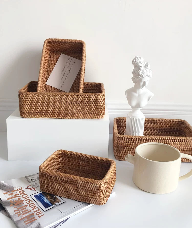 Hand-woven Rattan Wicker Basket Fruit Tea Snack Bread Basket Cosmetic Rectangular Storage Box Household Kitchen Supplies