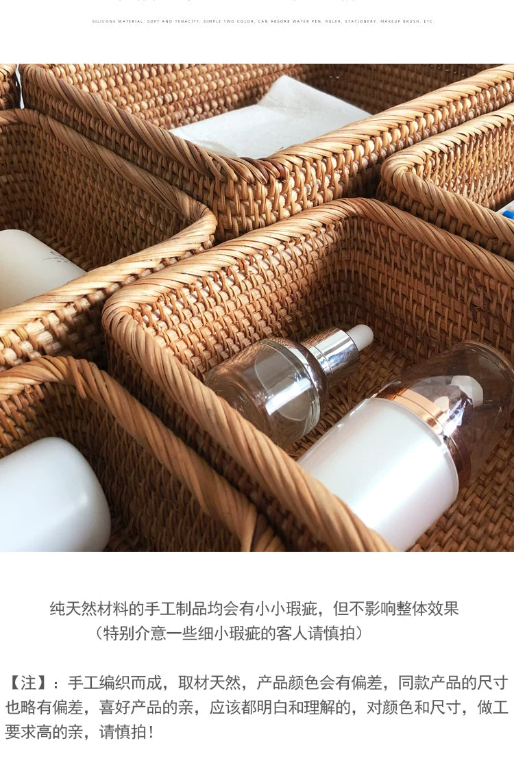 Hand-woven Rattan Wicker Basket Fruit Tea Snack Bread Basket Cosmetic Rectangular Storage Box Household Kitchen Supplies