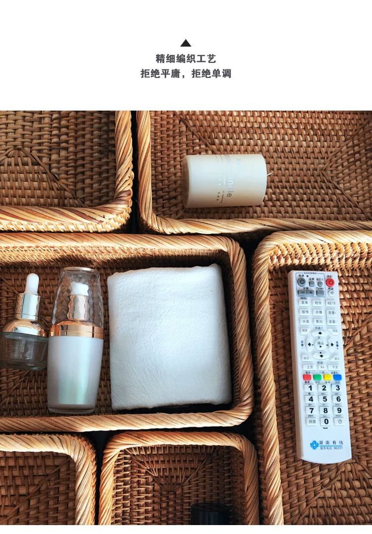 Hand-woven Rattan Wicker Basket Fruit Tea Snack Bread Basket Cosmetic Rectangular Storage Box Household Kitchen Supplies