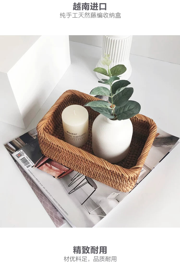 Hand-woven Rattan Wicker Basket Fruit Tea Snack Bread Basket Cosmetic Rectangular Storage Box Household Kitchen Supplies