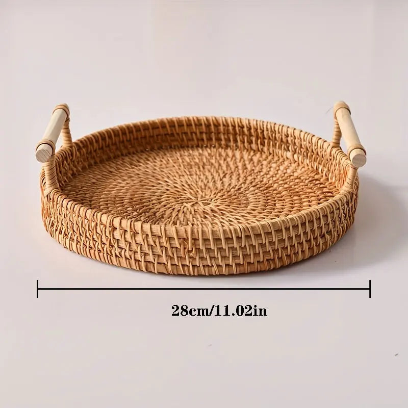 Handwoven Rattan Tray & Food Storage Basket | Eco-Friendly Kitchen Organizer with Lid, Farmhouse Home Decor