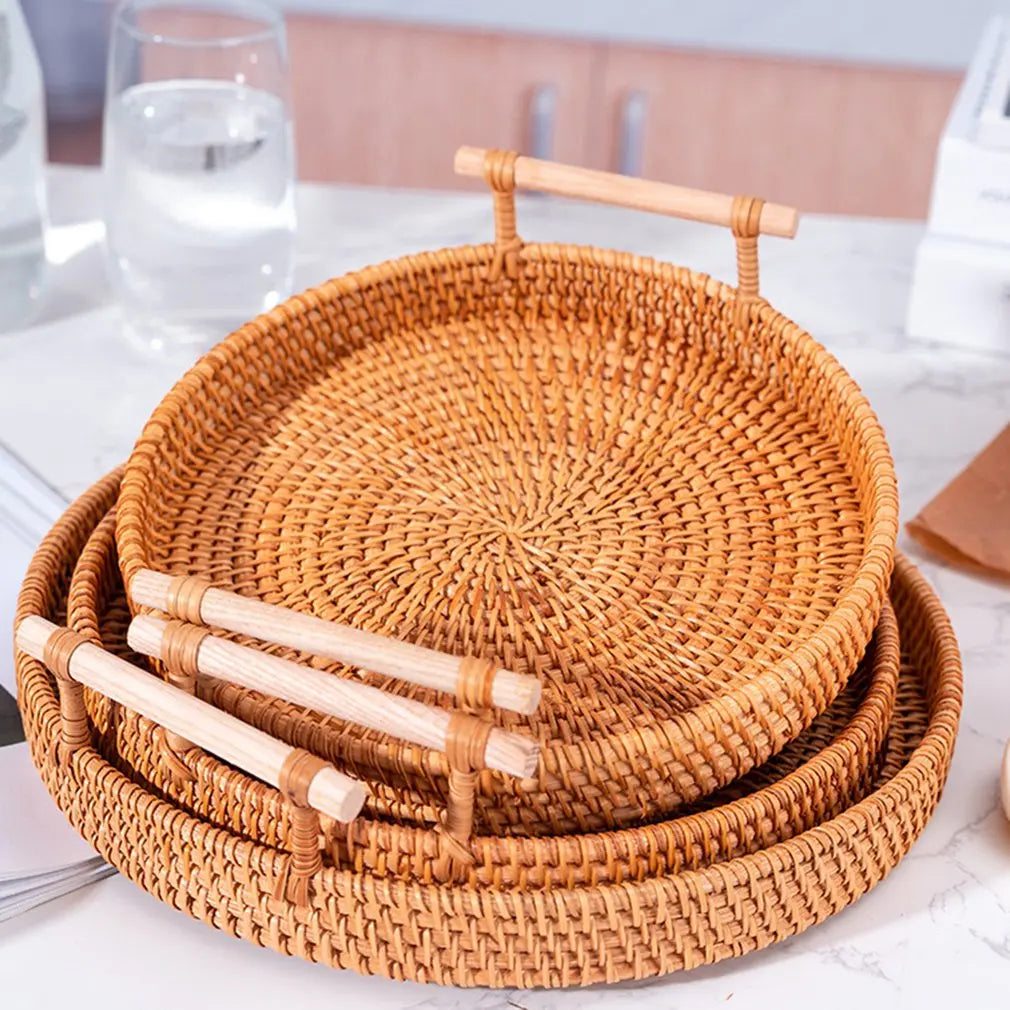 Handwoven Rattan Tray & Food Storage Basket | Eco-Friendly Kitchen Organizer with Lid, Farmhouse Home Decor