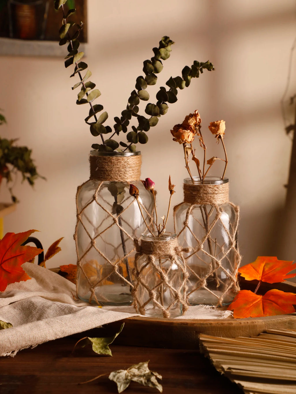 Rustic Hanging Glass Vase Rope Net Dry Flower Glass Vase with Art Hemp Rope  Home Transparent Living Room Decor Table Decoration