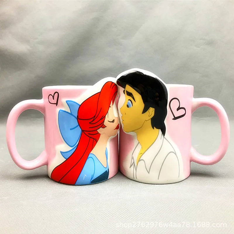 Disney 2 pieces Princess Couple Mug Mermaid Ceramic Mug Beauty Beast Ceramic Mug Double Snow White Coffee Gifts Couple Mugs