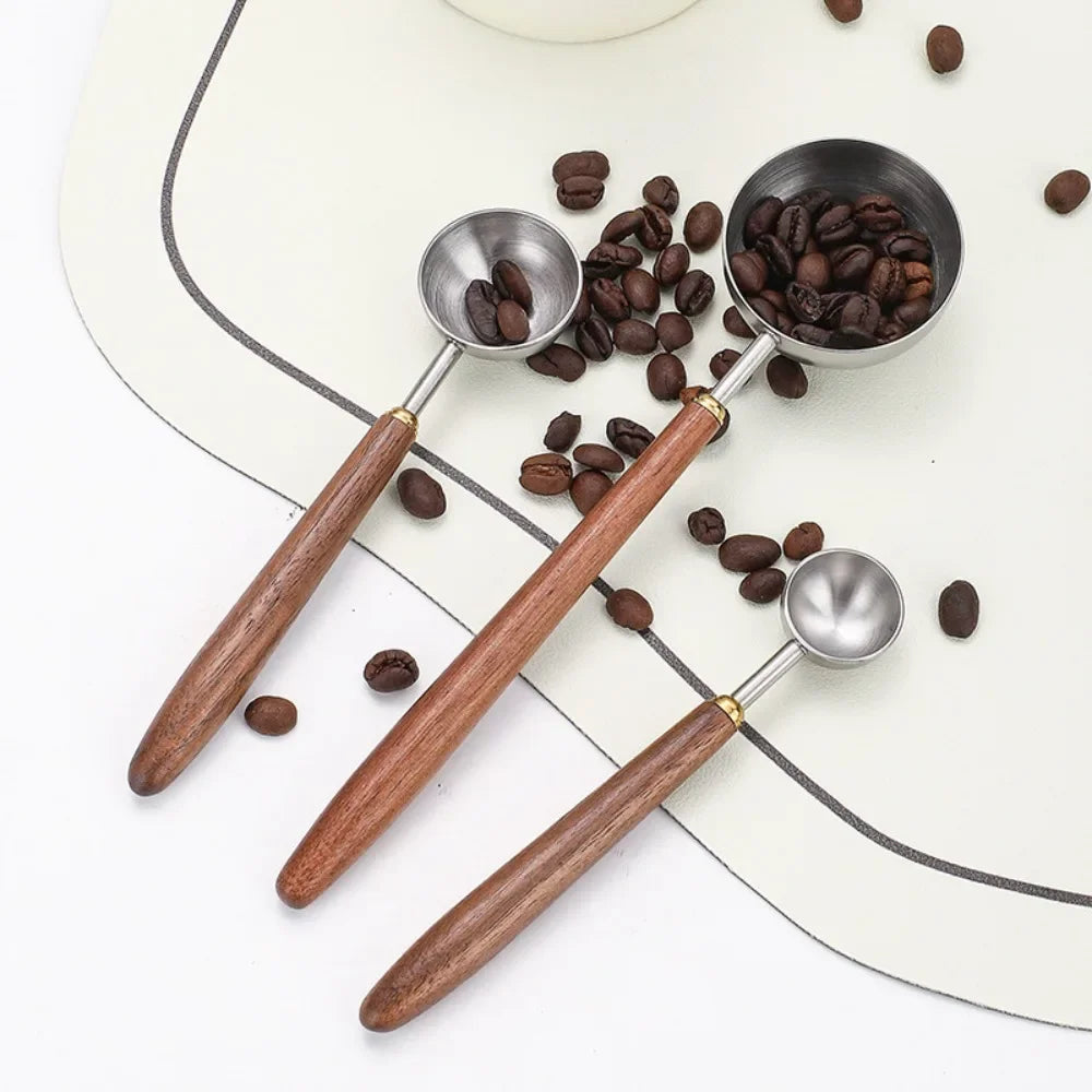 25ml Wooden Handle Stainless Steel Coffee Scoop Tablespoon Measuring Spoon Walnut Wood Long Handle Coffee Spoons Cafe Decoration