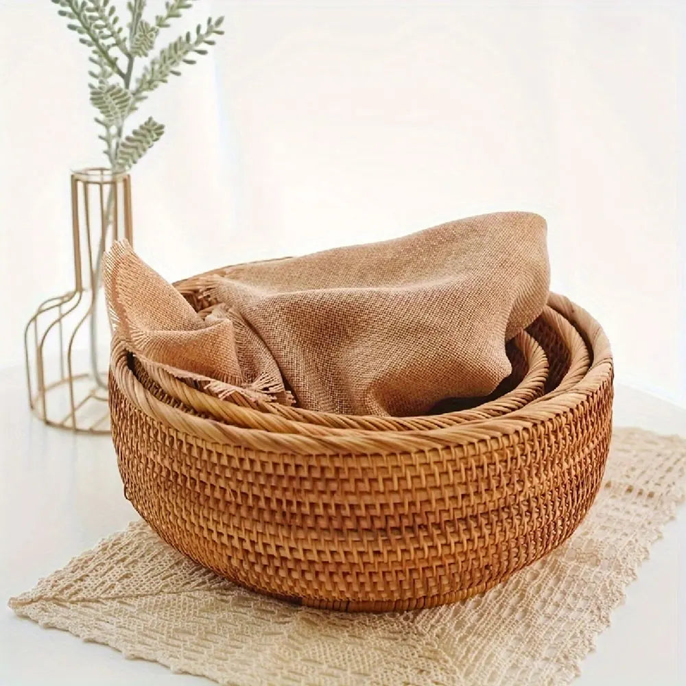 Set of Handwoven Wicker Baskets – Natural Straw Round Storage Baskets for Home Organization, Kitchen, and Decorative Use