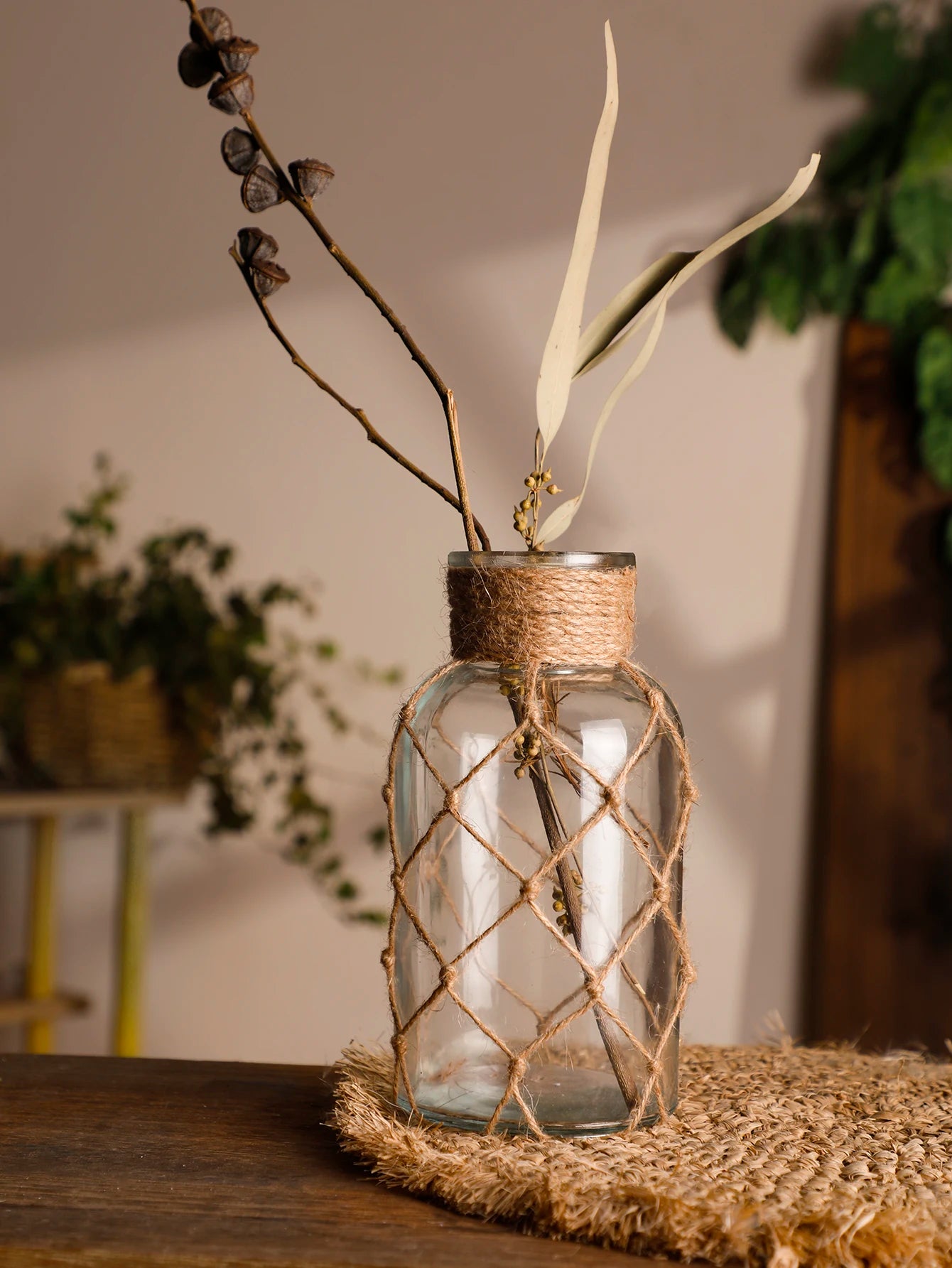 Rustic Hanging Glass Vase Rope Net Dry Flower Glass Vase with Art Hemp Rope  Home Transparent Living Room Decor Table Decoration