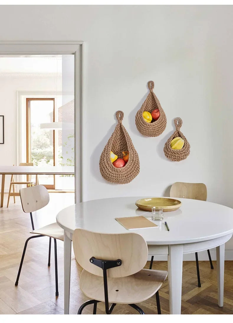 Handwoven Hanging Wall Fruit Vegetable Basket Organizer Container Decor for Kitchen Garden Mount Wall Plant Flower Onion Storag