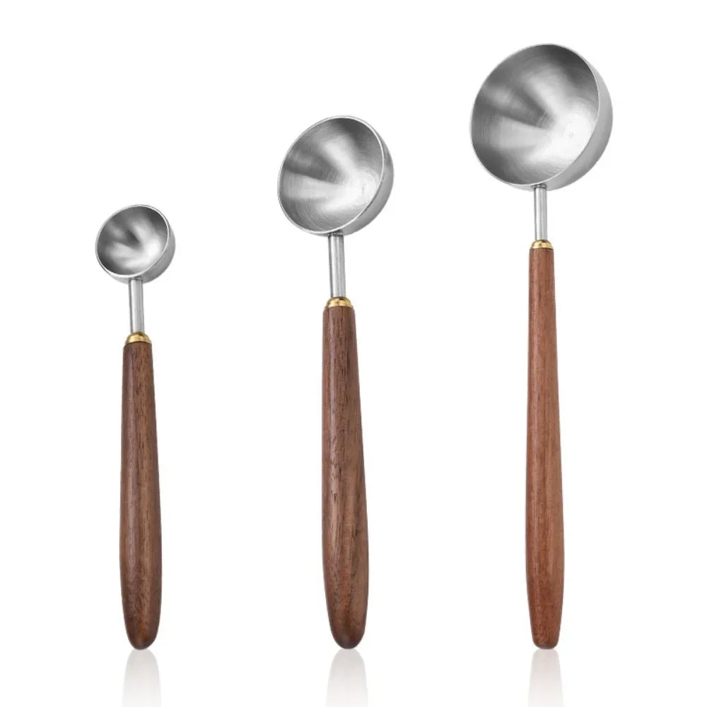 25ml Wooden Handle Stainless Steel Coffee Scoop Tablespoon Measuring Spoon Walnut Wood Long Handle Coffee Spoons Cafe Decoration