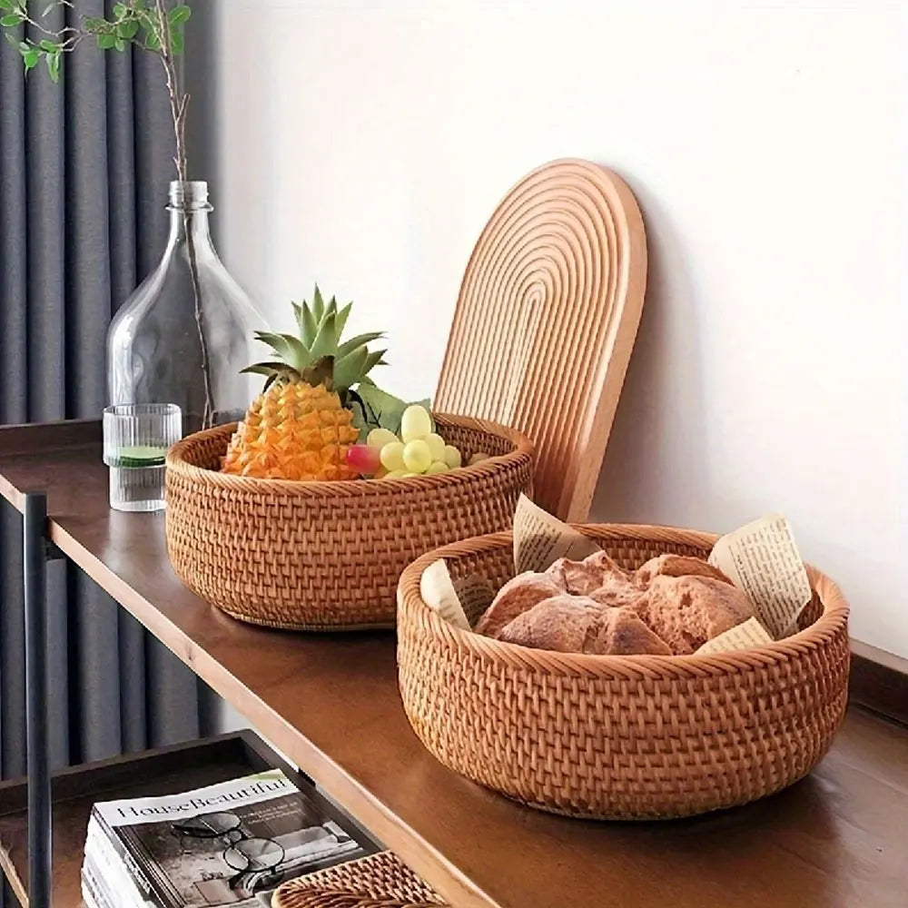 Set of Handwoven Wicker Baskets – Natural Straw Round Storage Baskets for Home Organization, Kitchen, and Decorative Use