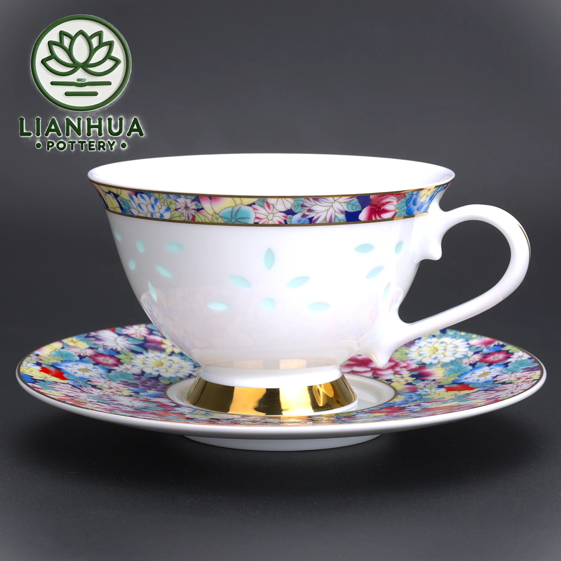 LIANHUA POTTERY Linglong Porcelain Coffee Cup And Saucer Set Handcrafted Enameled Colorful Pattern for Coffee And Afternoon Tea