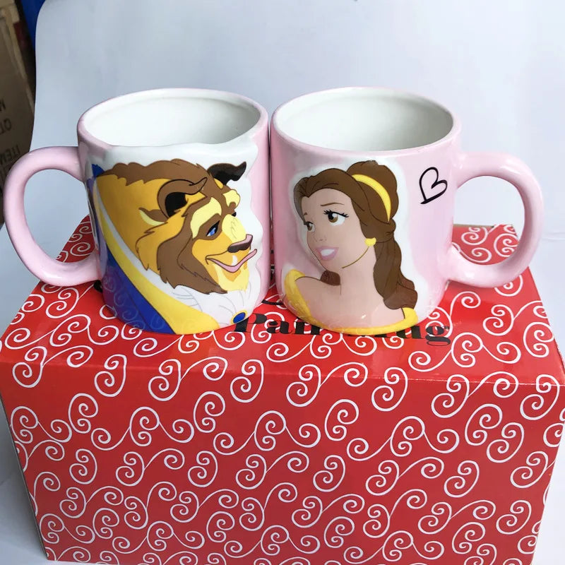 Disney 2 pieces Princess Couple Mug Mermaid Ceramic Mug Beauty Beast Ceramic Mug Double Snow White Coffee Gifts Couple Mugs