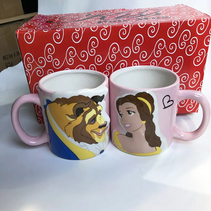 Disney 2 pieces Princess Couple Mug Mermaid Ceramic Mug Beauty Beast Ceramic Mug Double Snow White Coffee Gifts Couple Mugs
