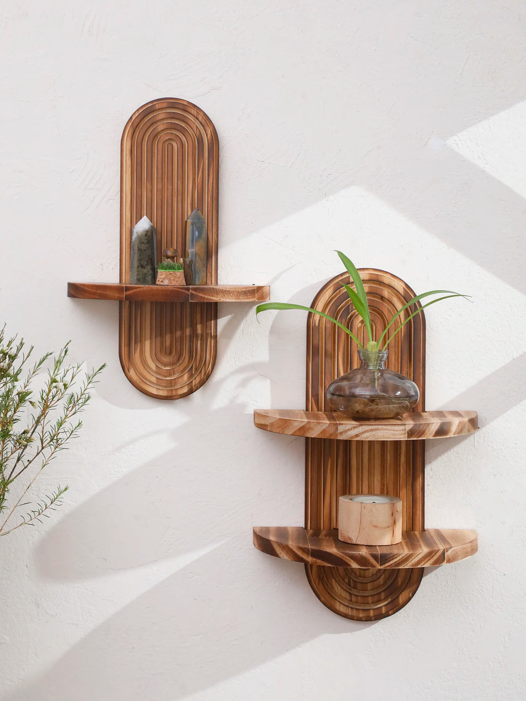 1Pc Boho Style Wooden Wall Shelves - Geometric Wall Mounted Shelves, Natural Wood Finish, Modern Home Decor, Plant Decorative