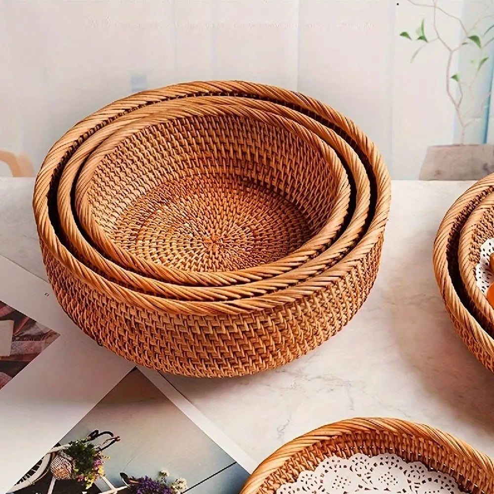 Set of Handwoven Wicker Baskets – Natural Straw Round Storage Baskets for Home Organization, Kitchen, and Decorative Use