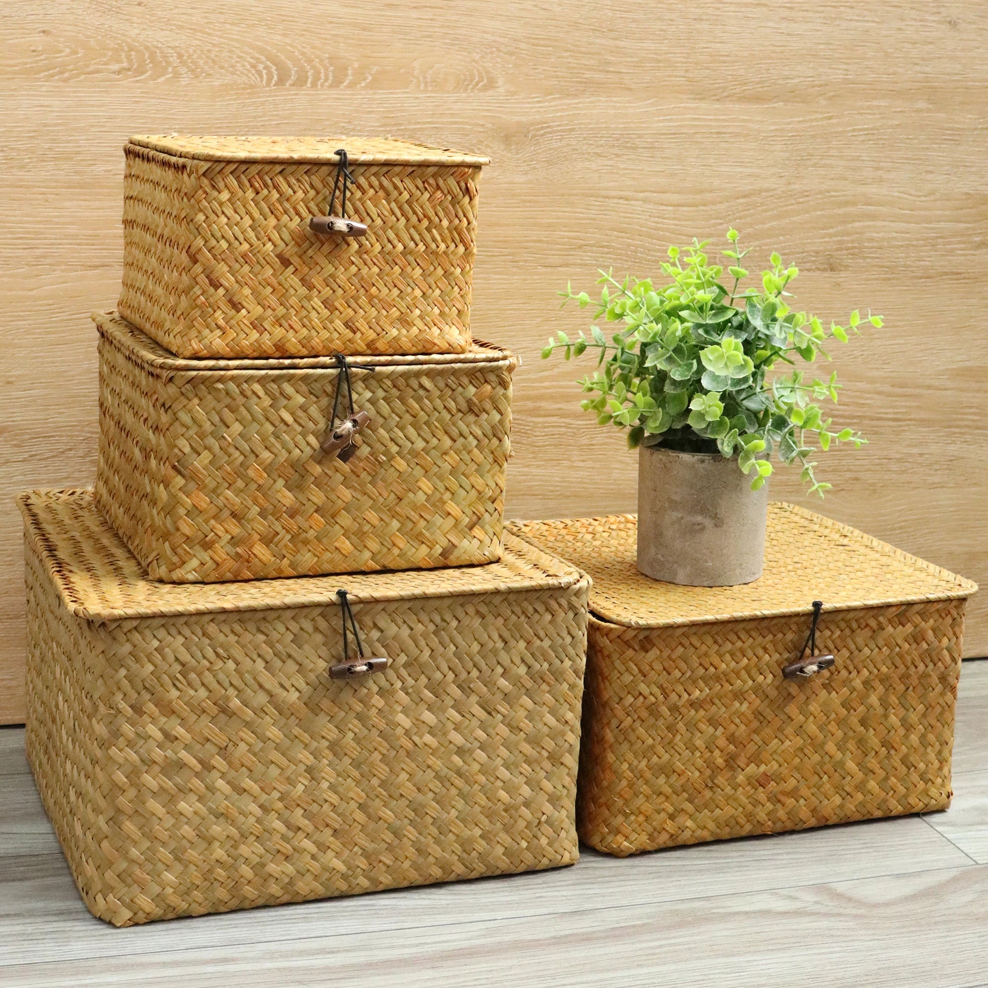 Set of 4 Seagrass Basket with Lid Wicker Storage Basket Decor Storage Boxes Flat Storage Bins Woven Organizer Baskets for Shelf
