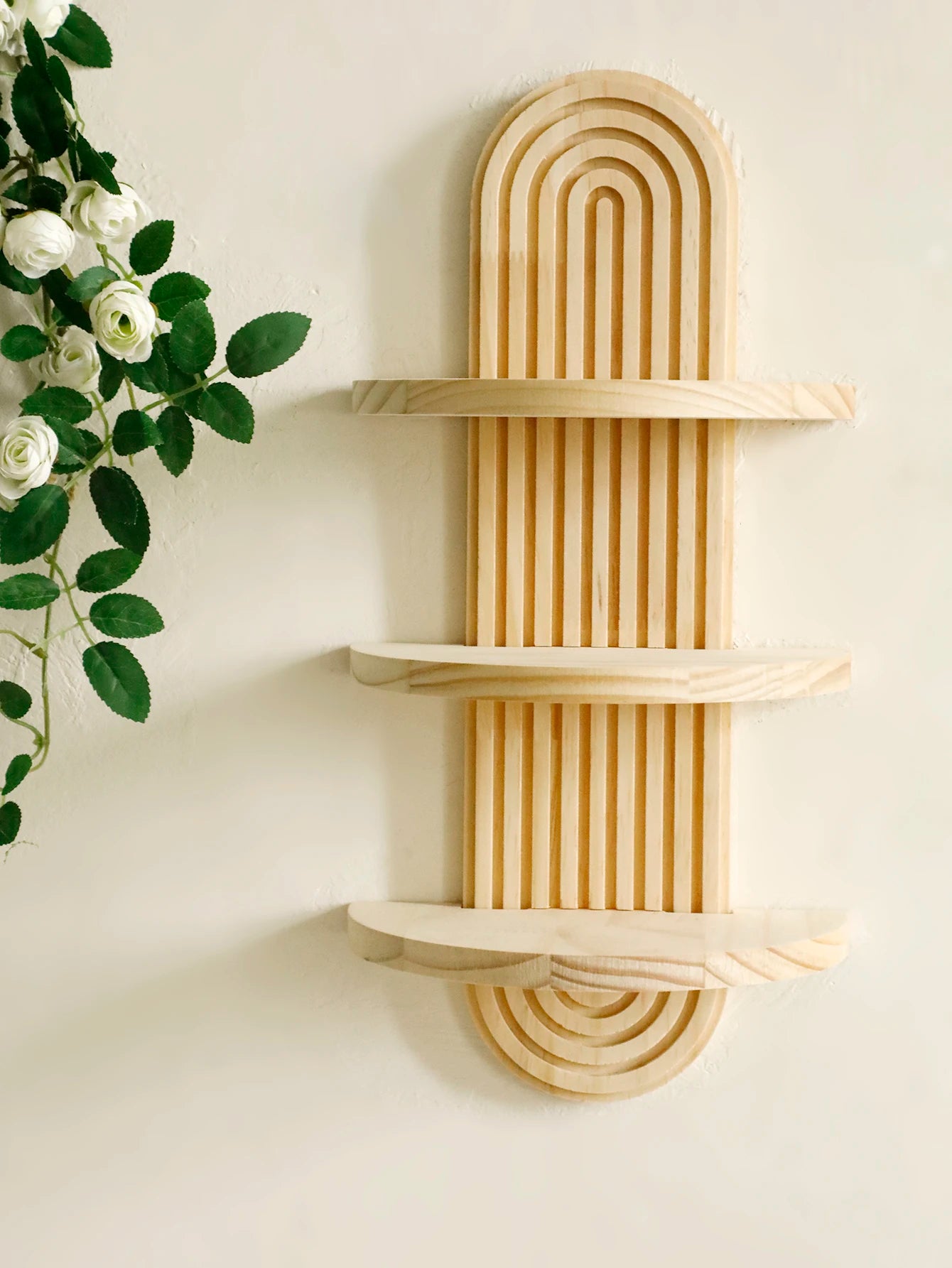 1Pc Boho Style Wooden Wall Shelves - Geometric Wall Mounted Shelves, Natural Wood Finish, Modern Home Decor, Plant Decorative