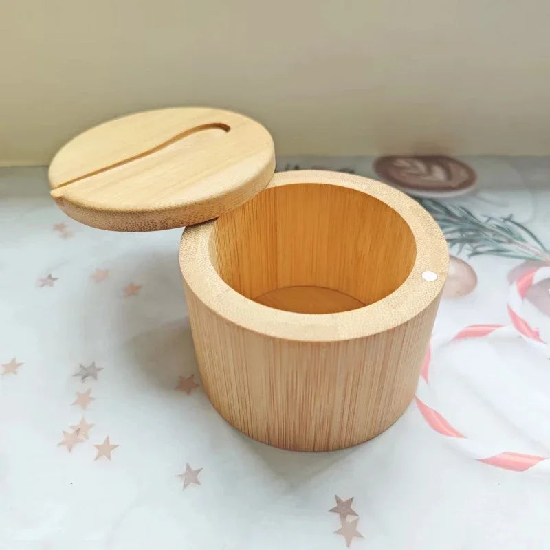 Salt Seasoning Jars Pepper Jar Bamboo Condiment Box Bowl Storage Pot Set Wood Sugar Container Holder Lid Function Multi Bowls
