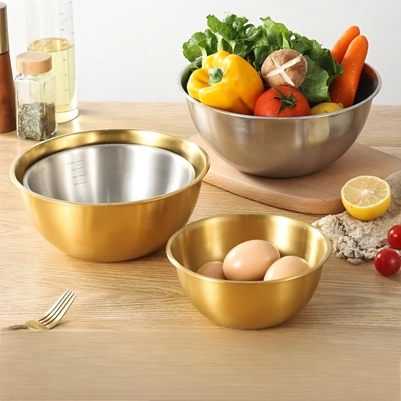3Pcs A set of three stainless steel bowls for mixing, kneading dough, and serving salads, suitable for kitchen use.