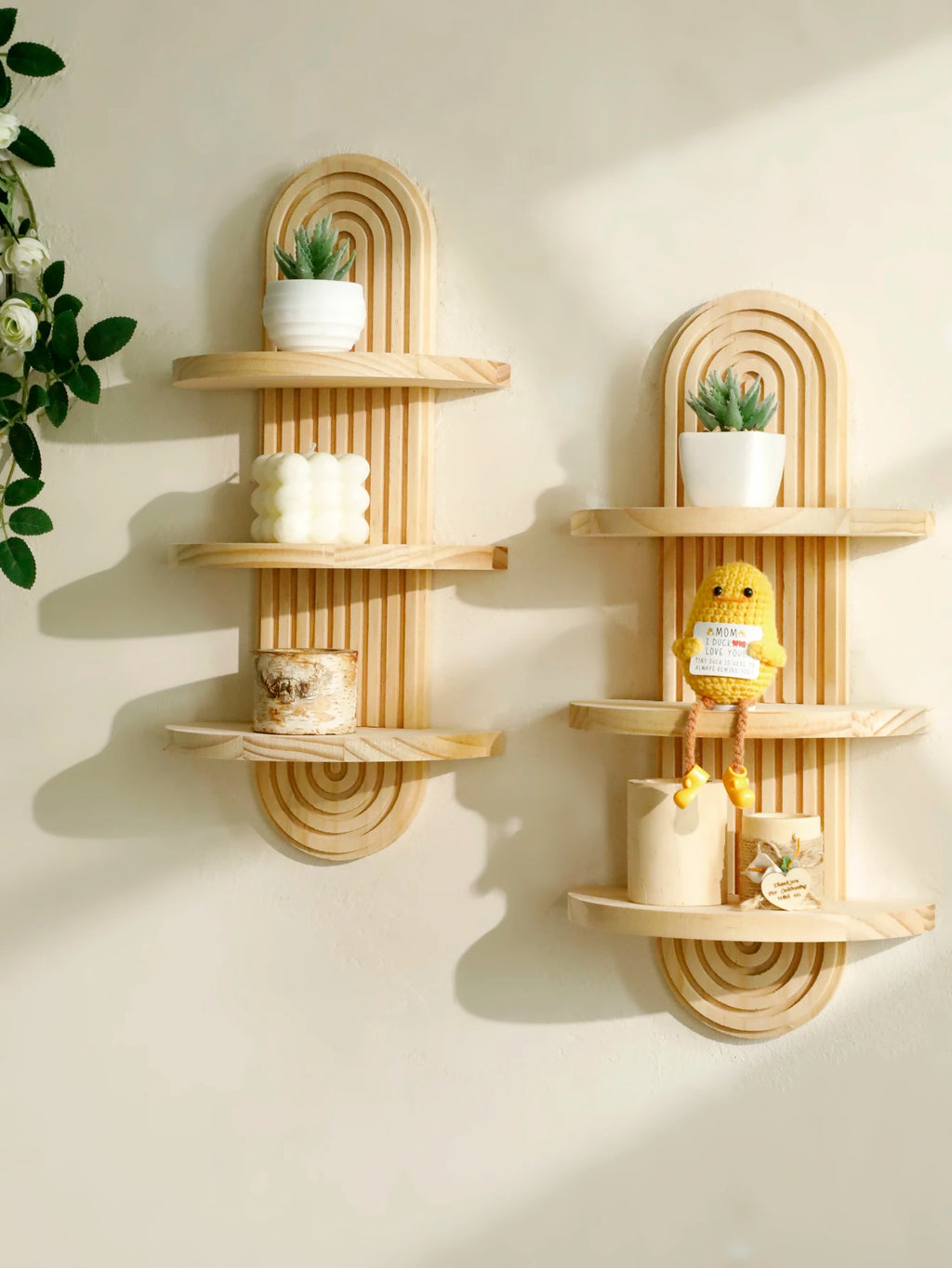 1Pc Boho Style Wooden Wall Shelves - Geometric Wall Mounted Shelves, Natural Wood Finish, Modern Home Decor, Plant Decorative