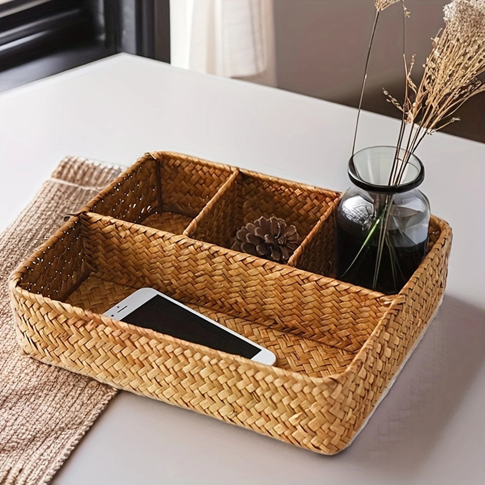 4 Grids Storage Basket Handmade Woven Willow Storage Basket For Clothes Cosmetic Stationery Hairpins Jewelry Accessories