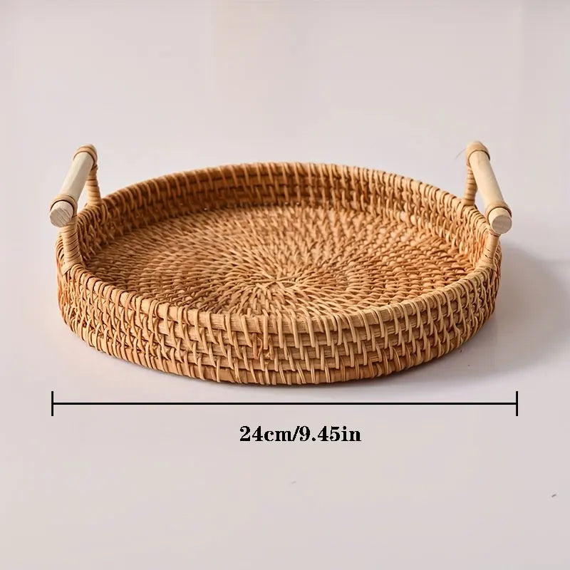 Handwoven Rattan Tray & Food Storage Basket | Eco-Friendly Kitchen Organizer with Lid, Farmhouse Home Decor