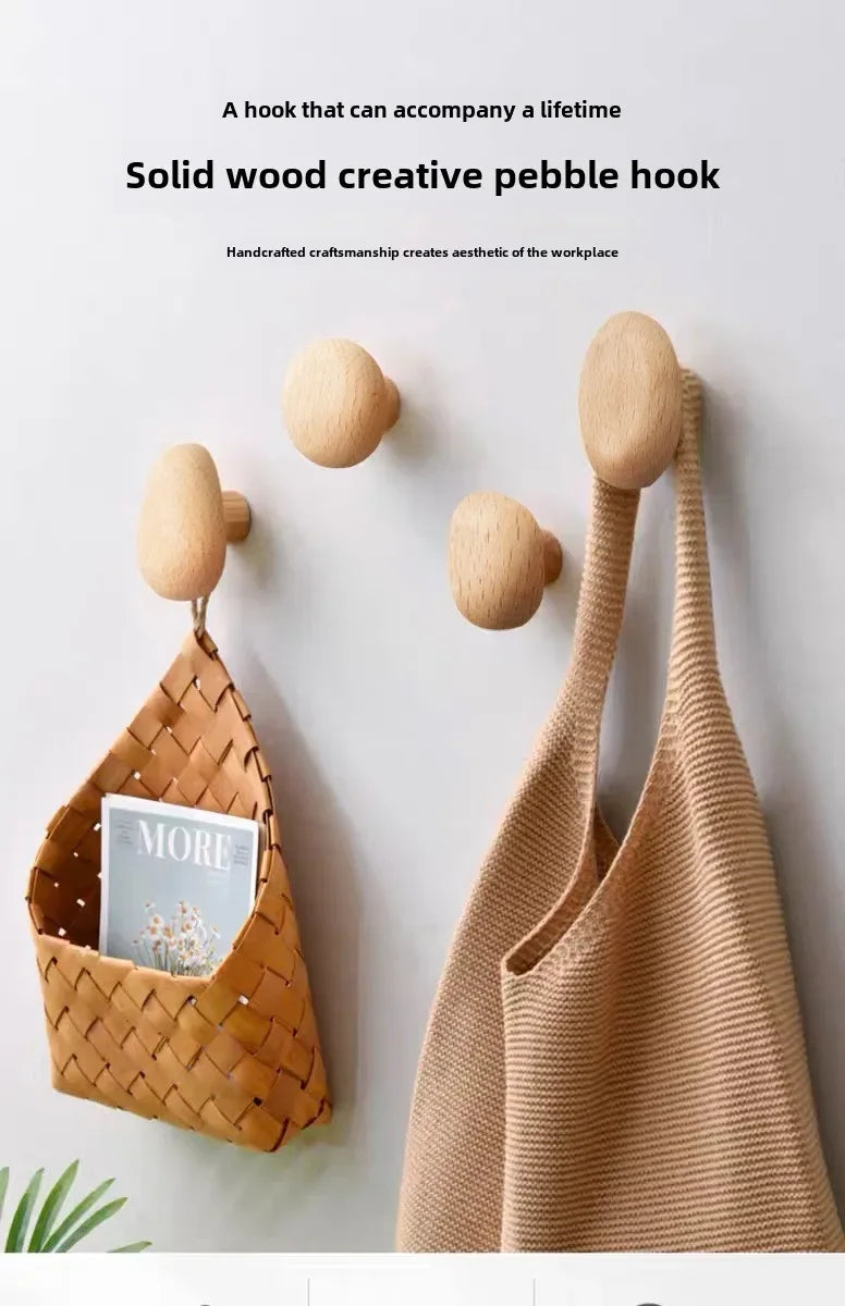 Scandinavian Solid Wood Handle Clothes Hook Coat Hook Wall-mounted Hook Punch-free Door Clothes Hanger Pebble Shape Cabinet Door