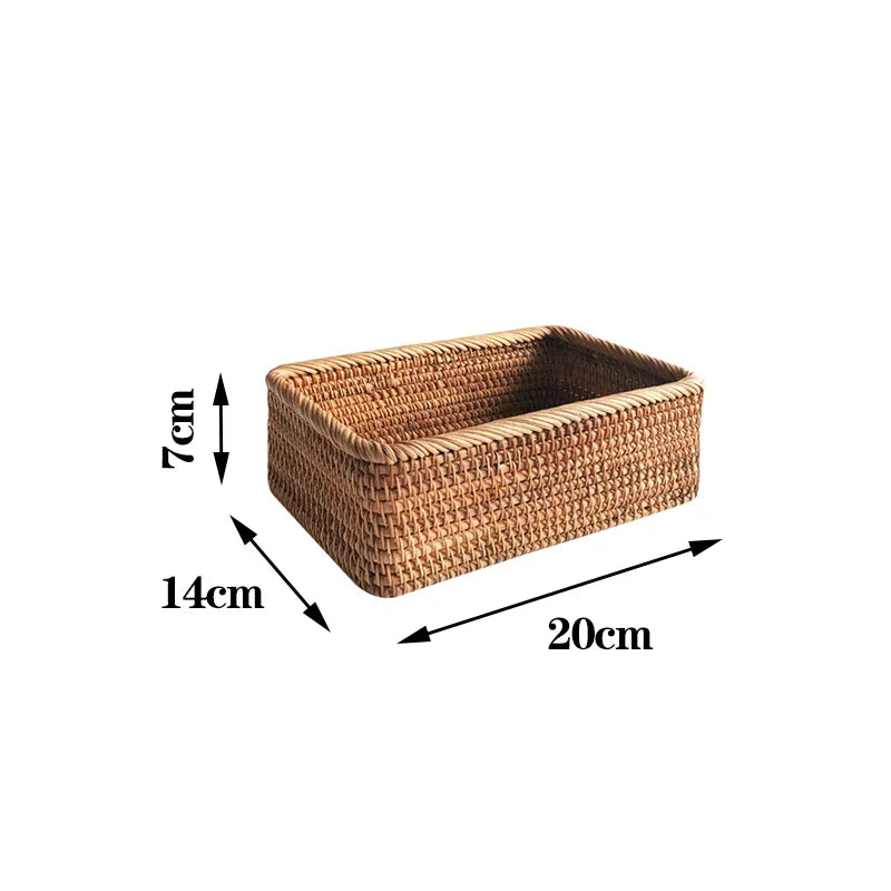 Hand-woven Rattan Wicker Basket Fruit Tea Snack Bread Basket Cosmetic Rectangular Storage Box Household Kitchen Supplies