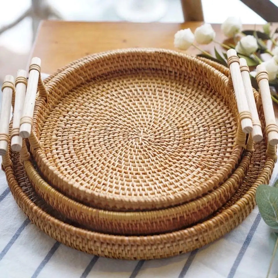 Handwoven Rattan Tray & Food Storage Basket | Eco-Friendly Kitchen Organizer with Lid, Farmhouse Home Decor