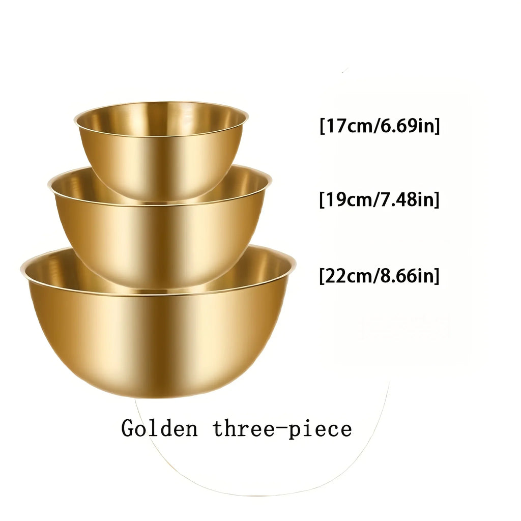 3Pcs A set of three stainless steel bowls for mixing, kneading dough, and serving salads, suitable for kitchen use.