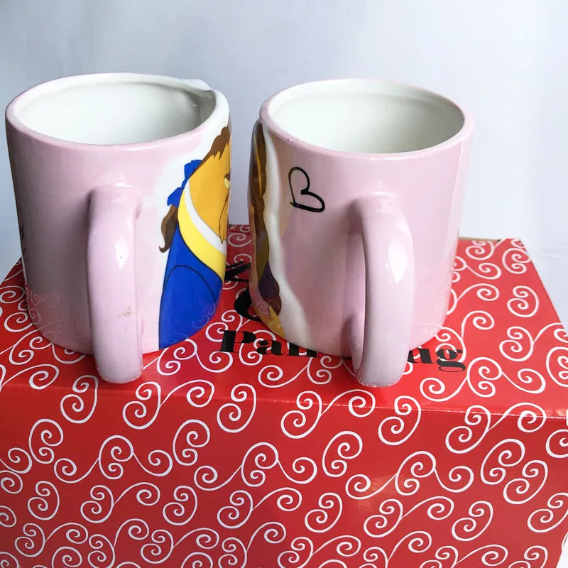 Disney 2 pieces Princess Couple Mug Mermaid Ceramic Mug Beauty Beast Ceramic Mug Double Snow White Coffee Gifts Couple Mugs