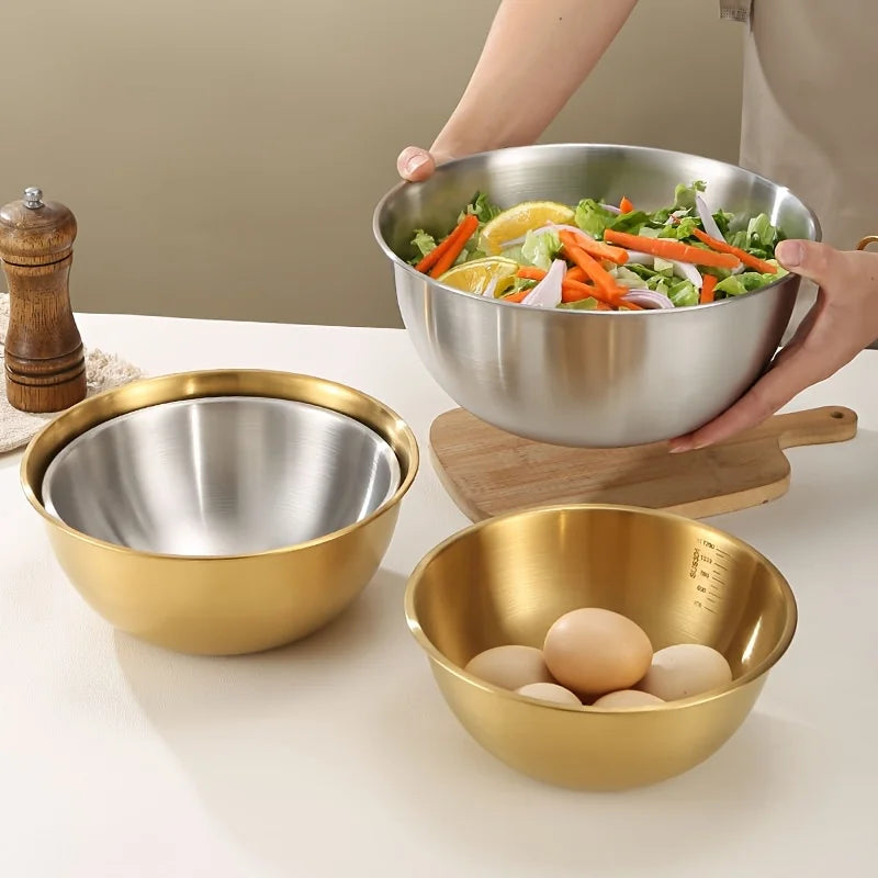 3Pcs A set of three stainless steel bowls for mixing, kneading dough, and serving salads, suitable for kitchen use.