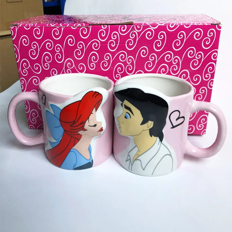 Disney 2 pieces Princess Couple Mug Mermaid Ceramic Mug Beauty Beast Ceramic Mug Double Snow White Coffee Gifts Couple Mugs
