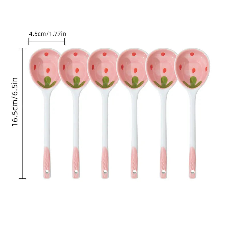 Kawaii Strawberry Ceramic Soup Spoon Cute Korean Ice Cream Hand Painted Coffee Dessert Long Handle Spoon Kitchen Accessories
