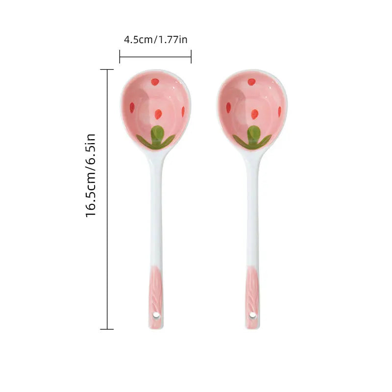 Kawaii Strawberry Ceramic Soup Spoon Cute Korean Ice Cream Hand Painted Coffee Dessert Long Handle Spoon Kitchen Accessories