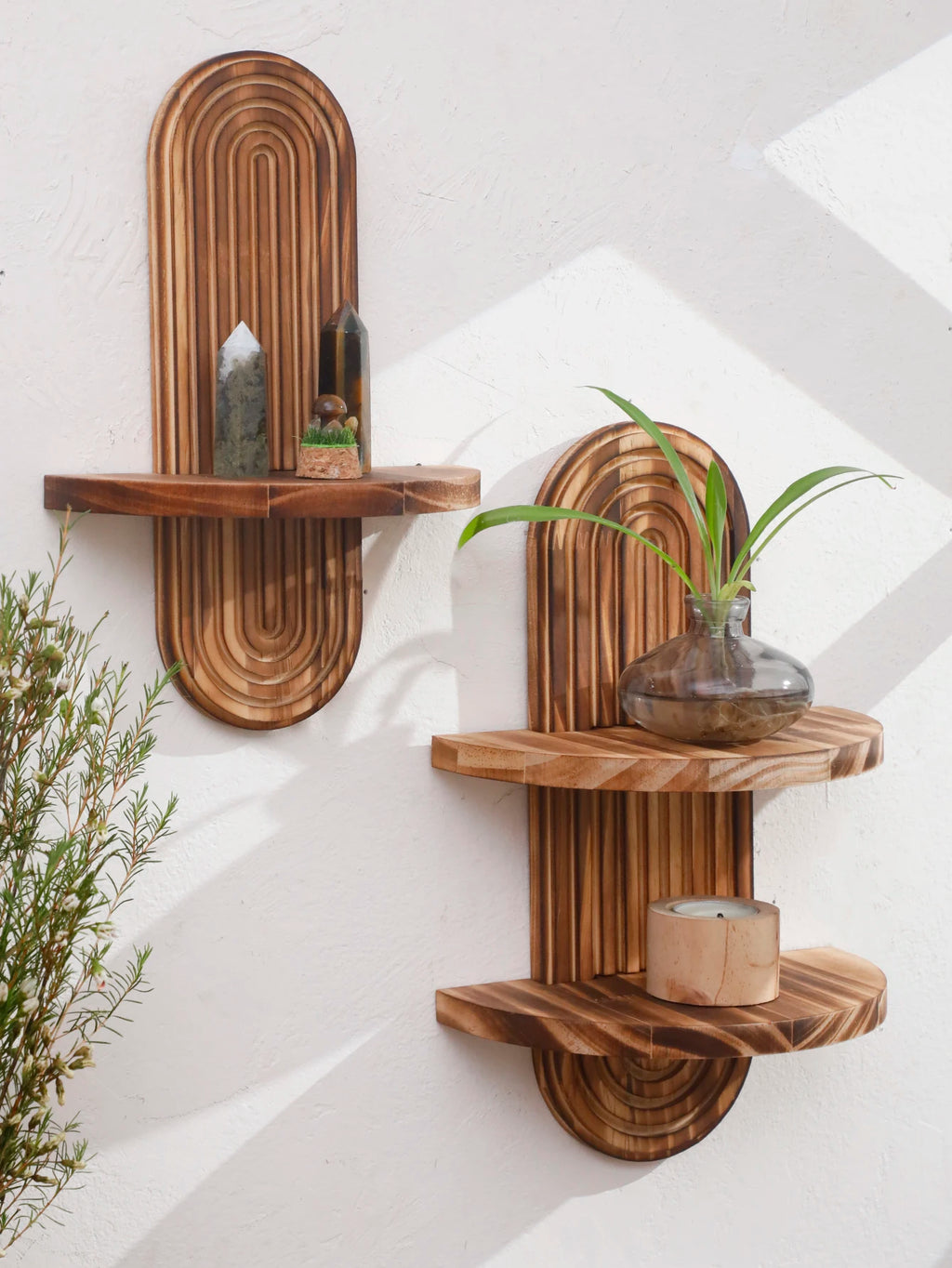 1Pc Boho Style Wooden Wall Shelves - Geometric Wall Mounted Shelves, Natural Wood Finish, Modern Home Decor, Plant Decorative