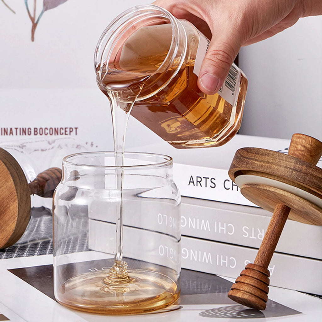 Glass Storage Bottles Honey Jars with Dipper and Lid Wide Mouth Honey Containers Syrup Dispenser for Storing Honey and Syrup