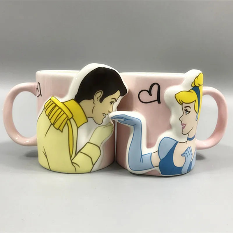Disney 2 pieces Princess Couple Mug Mermaid Ceramic Mug Beauty Beast Ceramic Mug Double Snow White Coffee Gifts Couple Mugs
