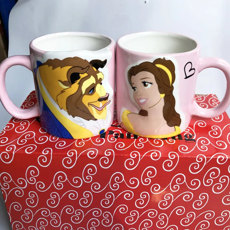 Disney 2 pieces Princess Couple Mug Mermaid Ceramic Mug Beauty Beast Ceramic Mug Double Snow White Coffee Gifts Couple Mugs